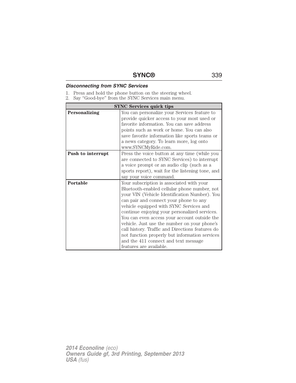 Disconnecting from sync services, Sync® 339 | FORD 2014 E-450 v.3 User Manual | Page 340 / 455