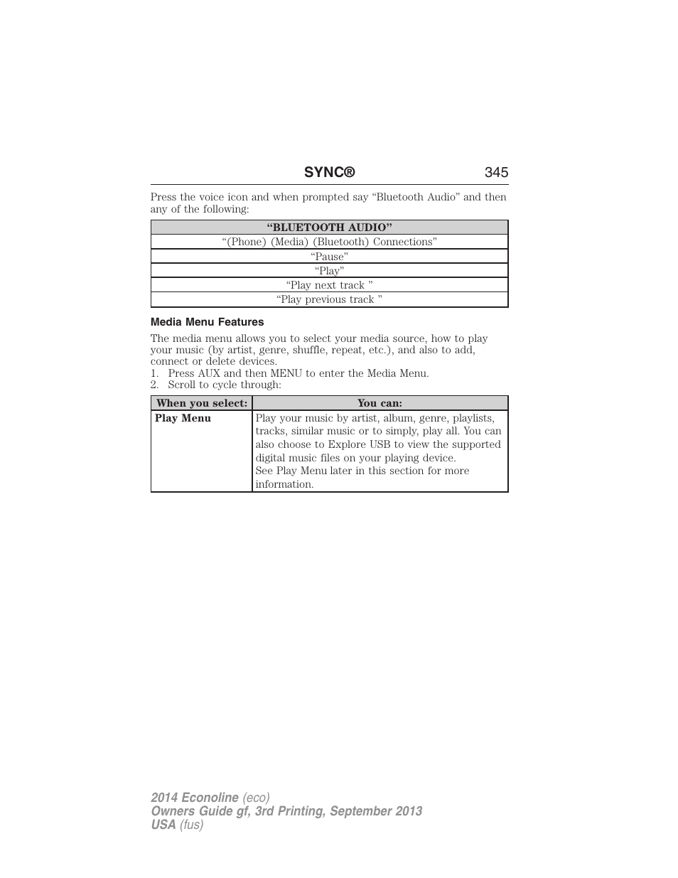 Media menu features, Sync® 345 | FORD 2014 E-450 v.3 User Manual | Page 346 / 455