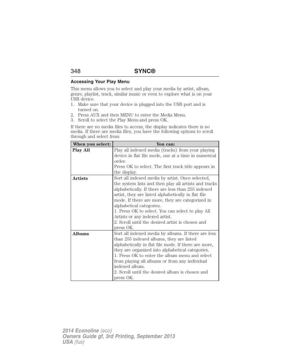 Accessing your play menu, 348 sync | FORD 2014 E-450 v.3 User Manual | Page 349 / 455