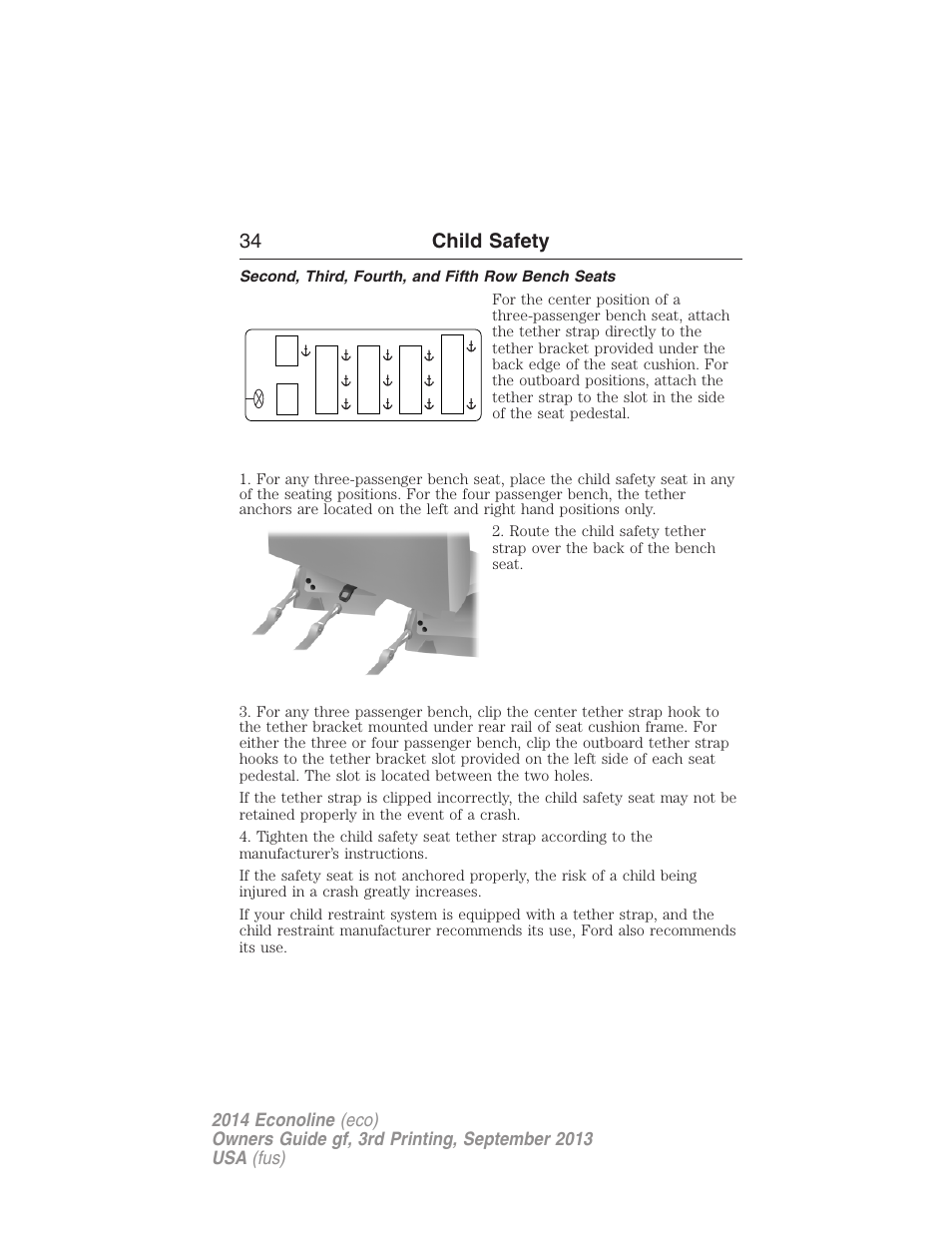Second, third, fourth, and fifth row bench seats, 34 child safety | FORD 2014 E-450 v.3 User Manual | Page 35 / 455