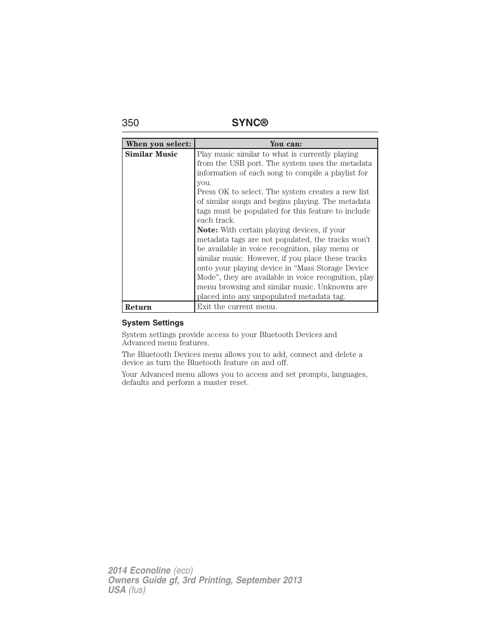 System settings, 350 sync | FORD 2014 E-450 v.3 User Manual | Page 351 / 455