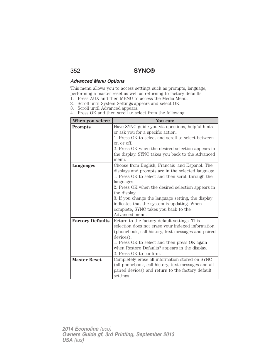 Advanced menu options, 352 sync | FORD 2014 E-450 v.3 User Manual | Page 353 / 455