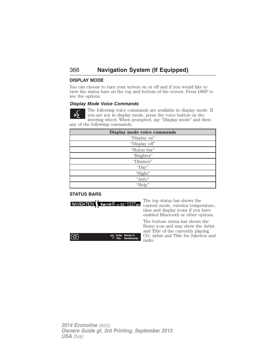 Display mode, Display mode voice commands, Status bars | 366 navigation system (if equipped) | FORD 2014 E-450 v.3 User Manual | Page 367 / 455