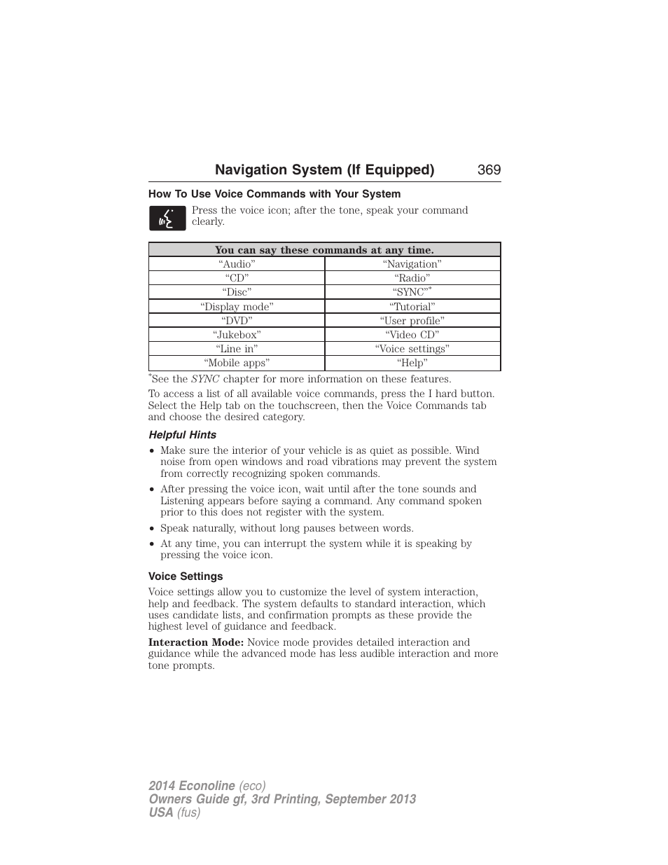 How to use voice commands with your system, Helpful hints, Voice settings | Navigation system (if equipped) 369 | FORD 2014 E-450 v.3 User Manual | Page 370 / 455