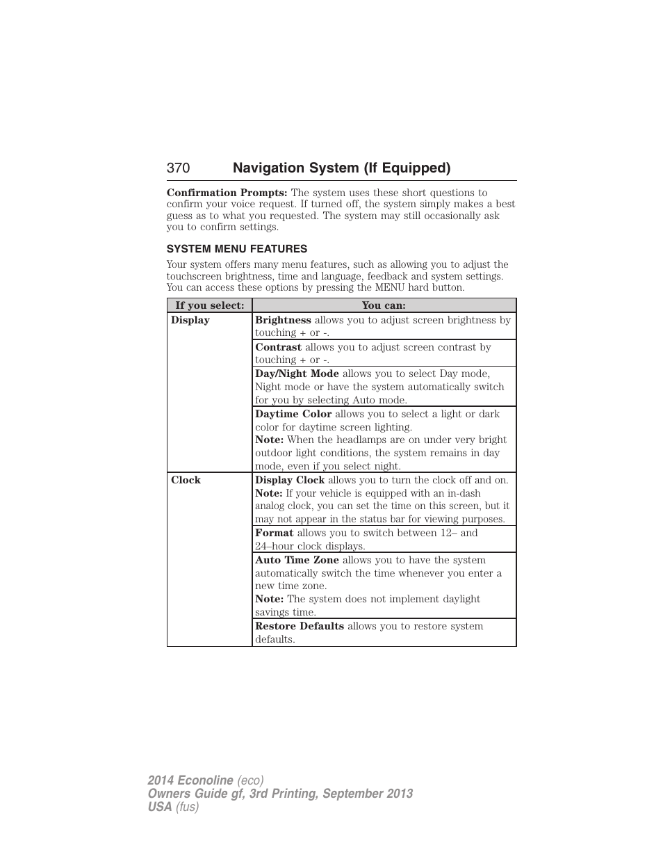 System menu features, 370 navigation system (if equipped) | FORD 2014 E-450 v.3 User Manual | Page 371 / 455