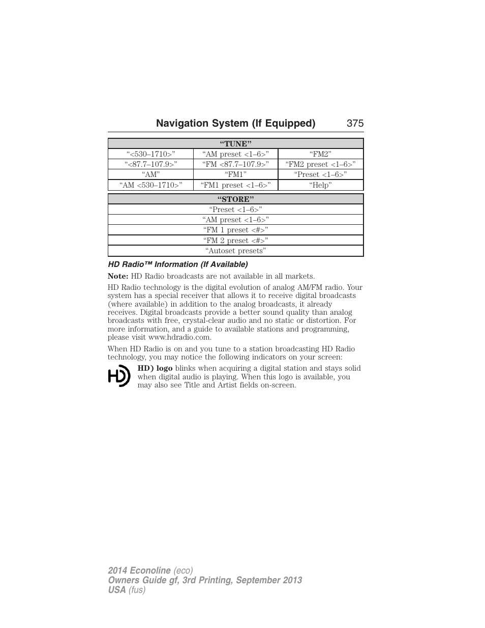 Hd radio™ information (if available), Navigation system (if equipped) 375 | FORD 2014 E-450 v.3 User Manual | Page 376 / 455