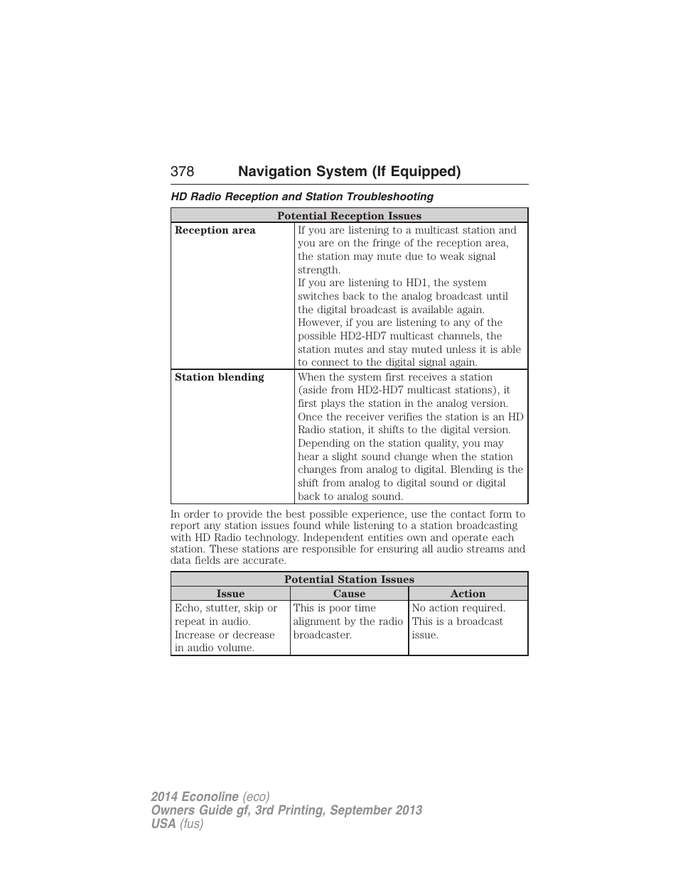 Hd radio reception and station troubleshooting, 378 navigation system (if equipped) | FORD 2014 E-450 v.3 User Manual | Page 379 / 455