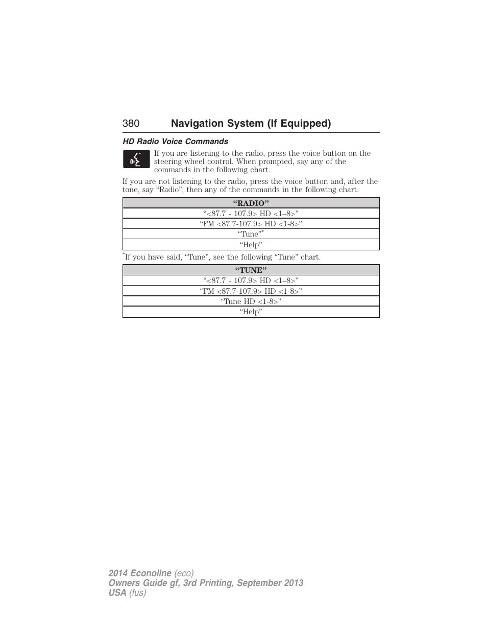 Hd radio voice commands, 380 navigation system (if equipped) | FORD 2014 E-450 v.3 User Manual | Page 381 / 455
