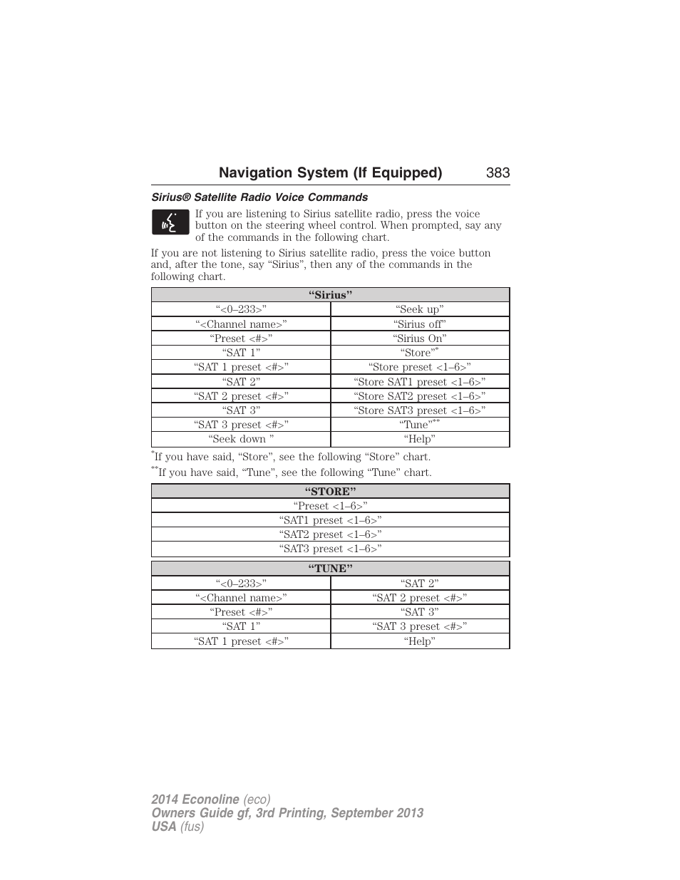 Sirius® satellite radio voice commands, Navigation system (if equipped) 383 | FORD 2014 E-450 v.3 User Manual | Page 384 / 455