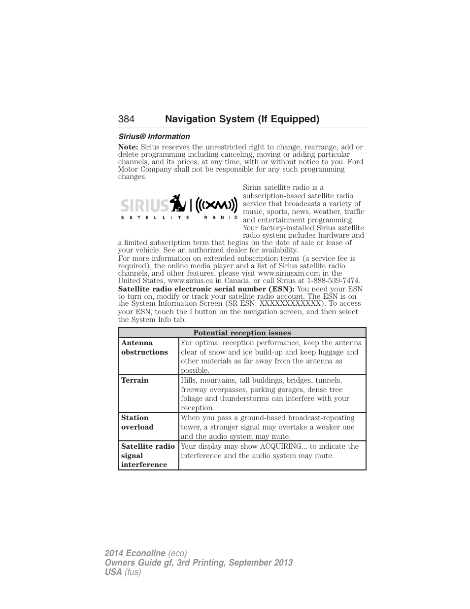 Sirius® information, 384 navigation system (if equipped) | FORD 2014 E-450 v.3 User Manual | Page 385 / 455