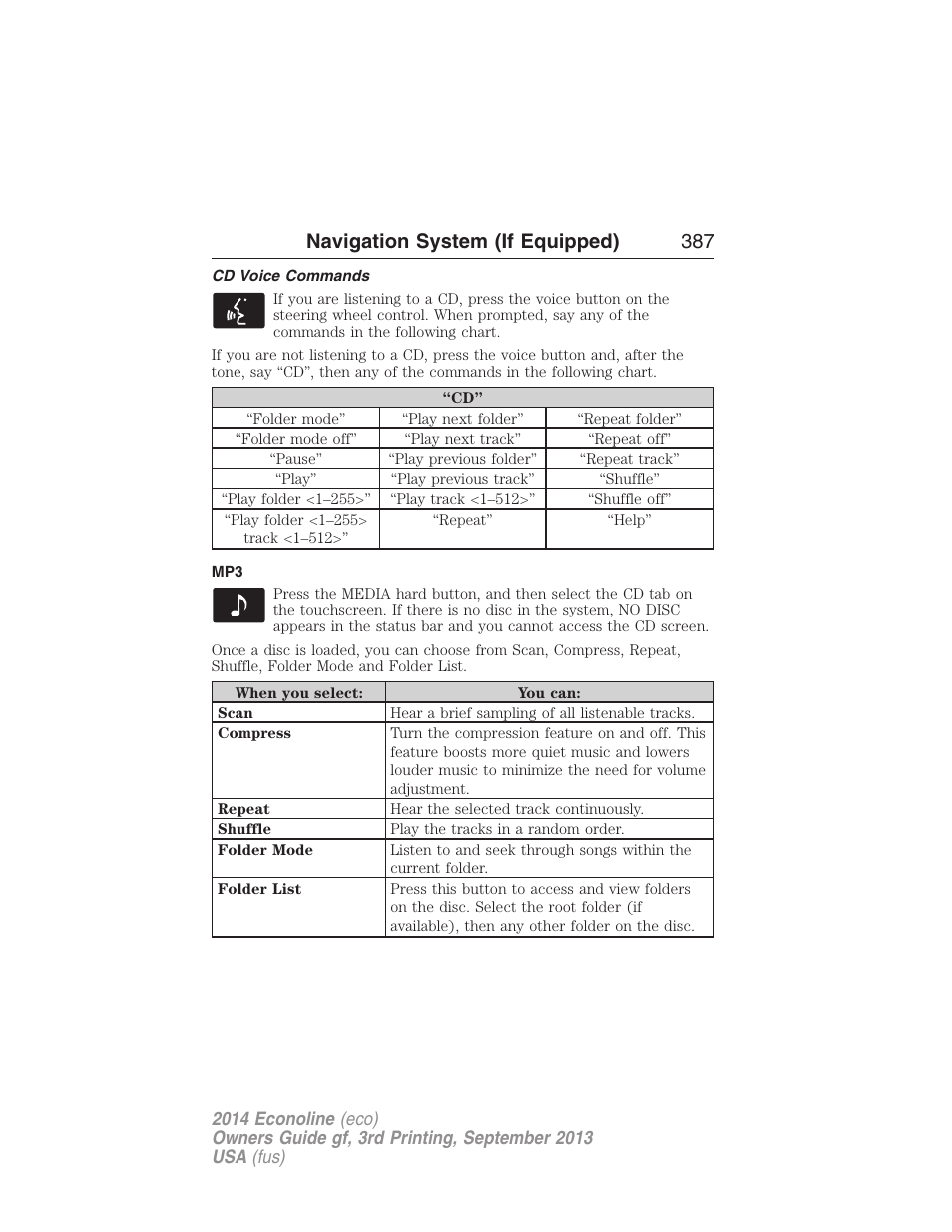 Cd voice commands, Navigation system (if equipped) 387 | FORD 2014 E-450 v.3 User Manual | Page 388 / 455