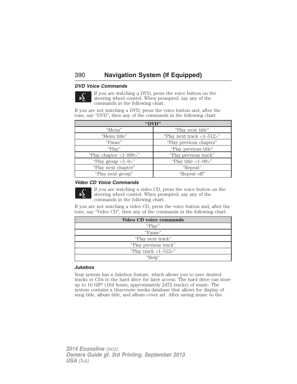 Dvd voice commands, Video cd voice commands, Jukebox | Jukebox features, 390 navigation system (if equipped) | FORD 2014 E-450 v.3 User Manual | Page 391 / 455