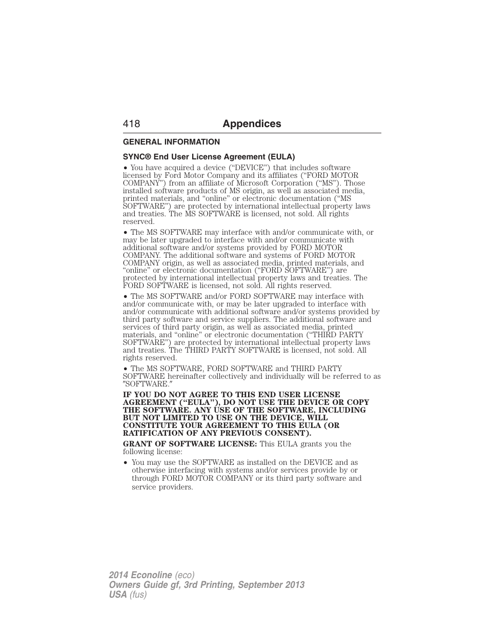 Appendices, General information, Sync® end user license agreement (eula) | 418 appendices | FORD 2014 E-450 v.3 User Manual | Page 419 / 455