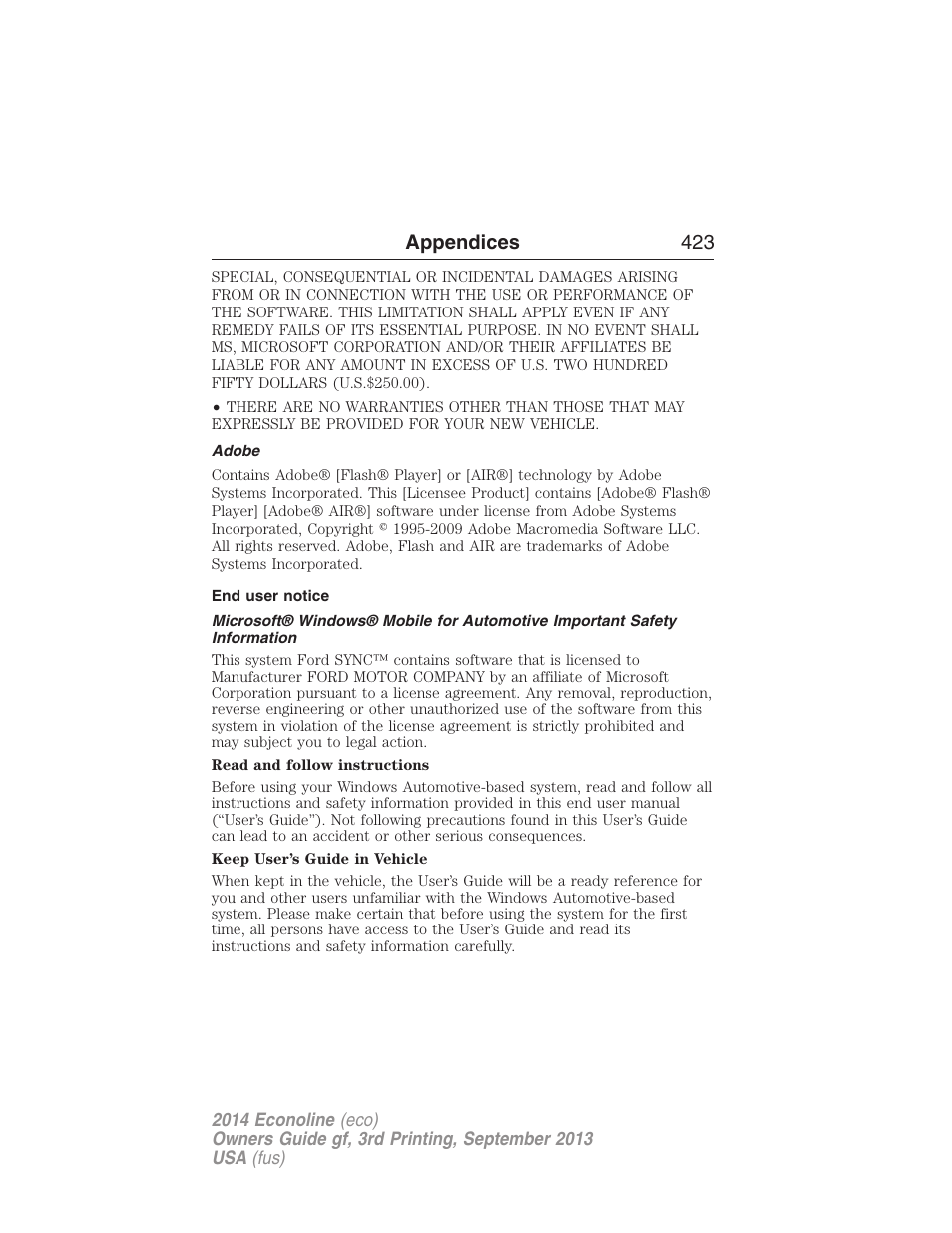 Adobe, End user notice, Appendices 423 | FORD 2014 E-450 v.3 User Manual | Page 424 / 455