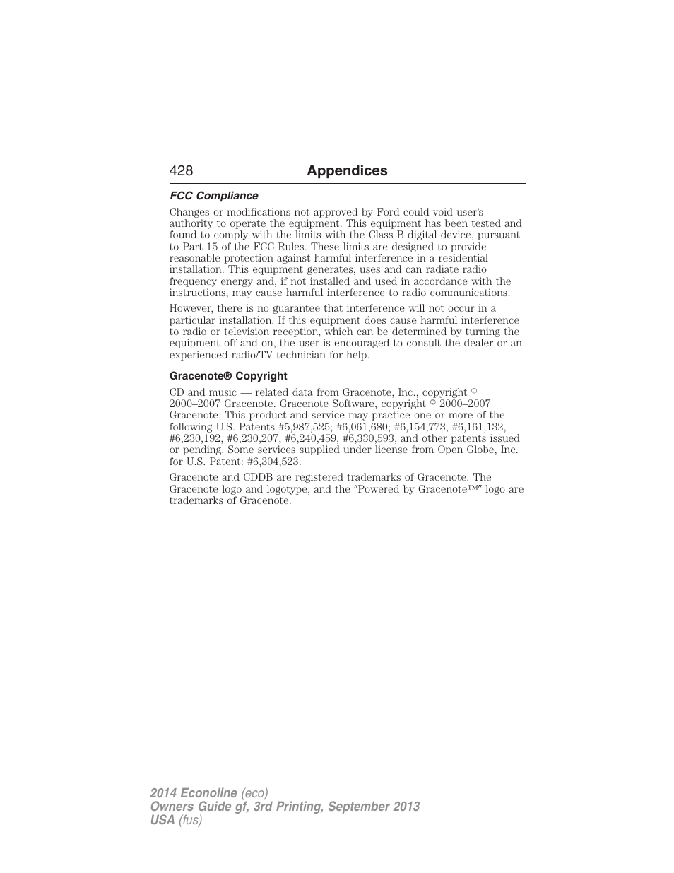 Fcc compliance, Gracenote® copyright, 428 appendices | FORD 2014 E-450 v.3 User Manual | Page 429 / 455