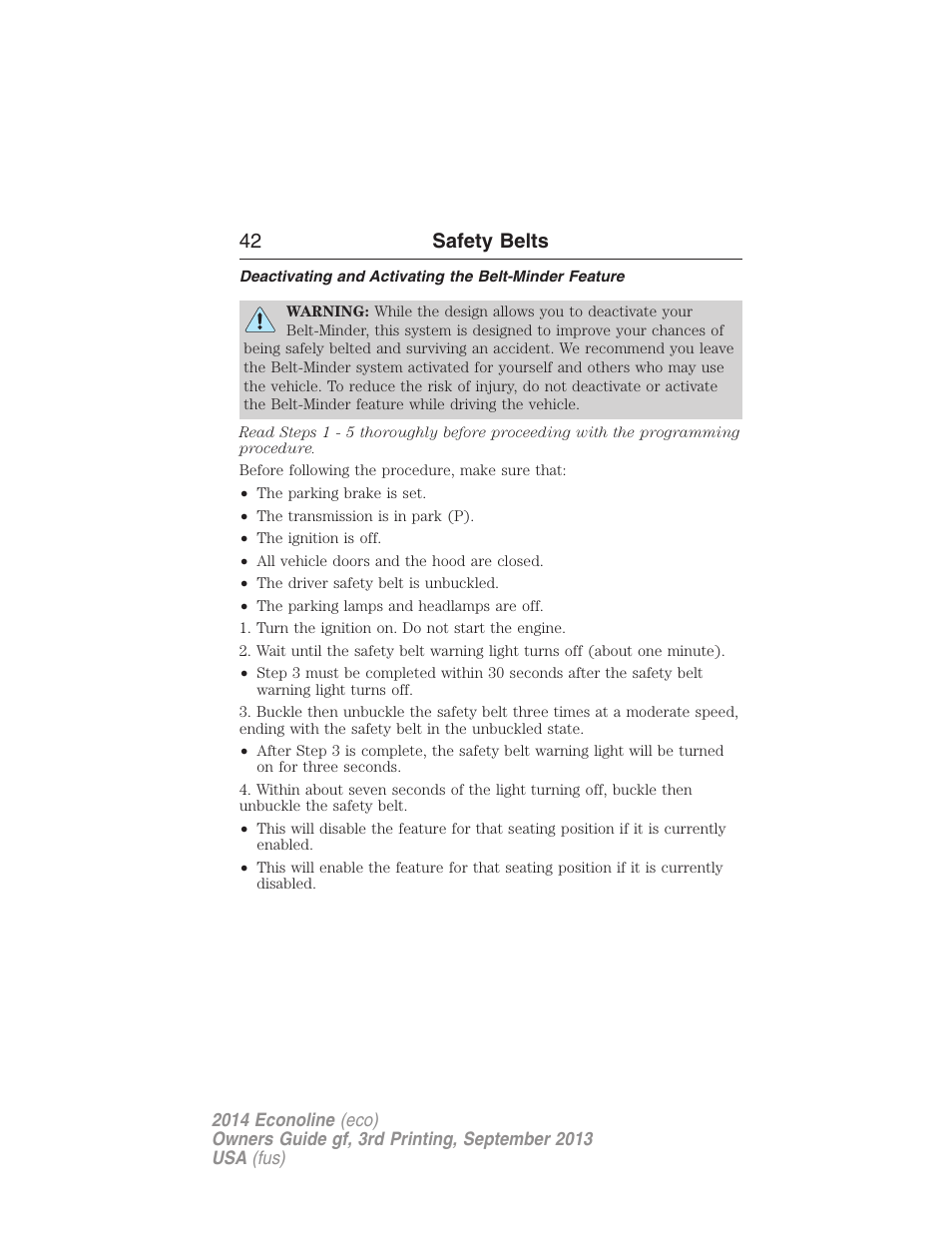 42 safety belts | FORD 2014 E-450 v.3 User Manual | Page 43 / 455