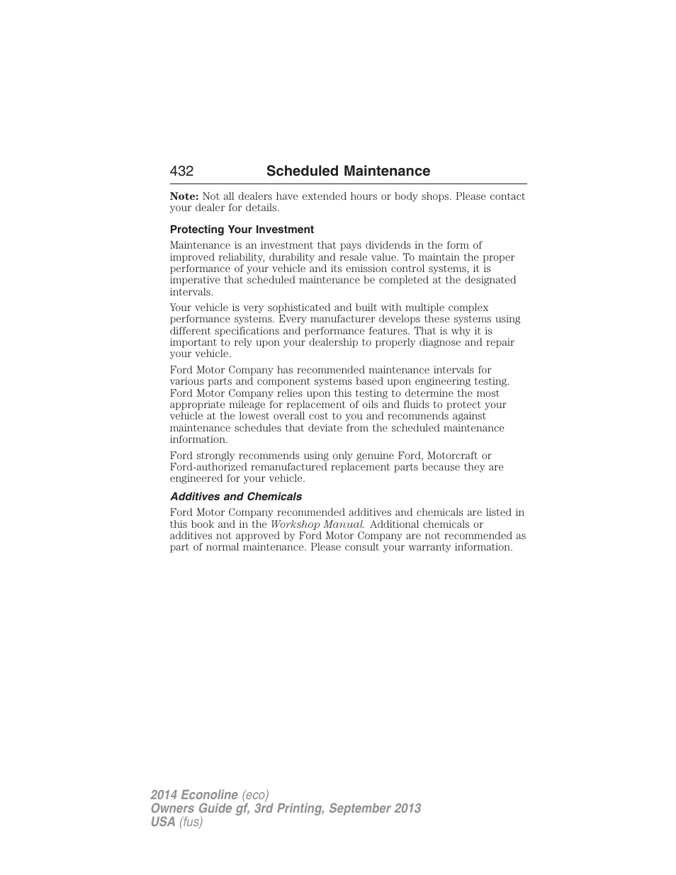 Protecting your investment, Additives and chemicals, 432 scheduled maintenance | FORD 2014 E-450 v.3 User Manual | Page 433 / 455