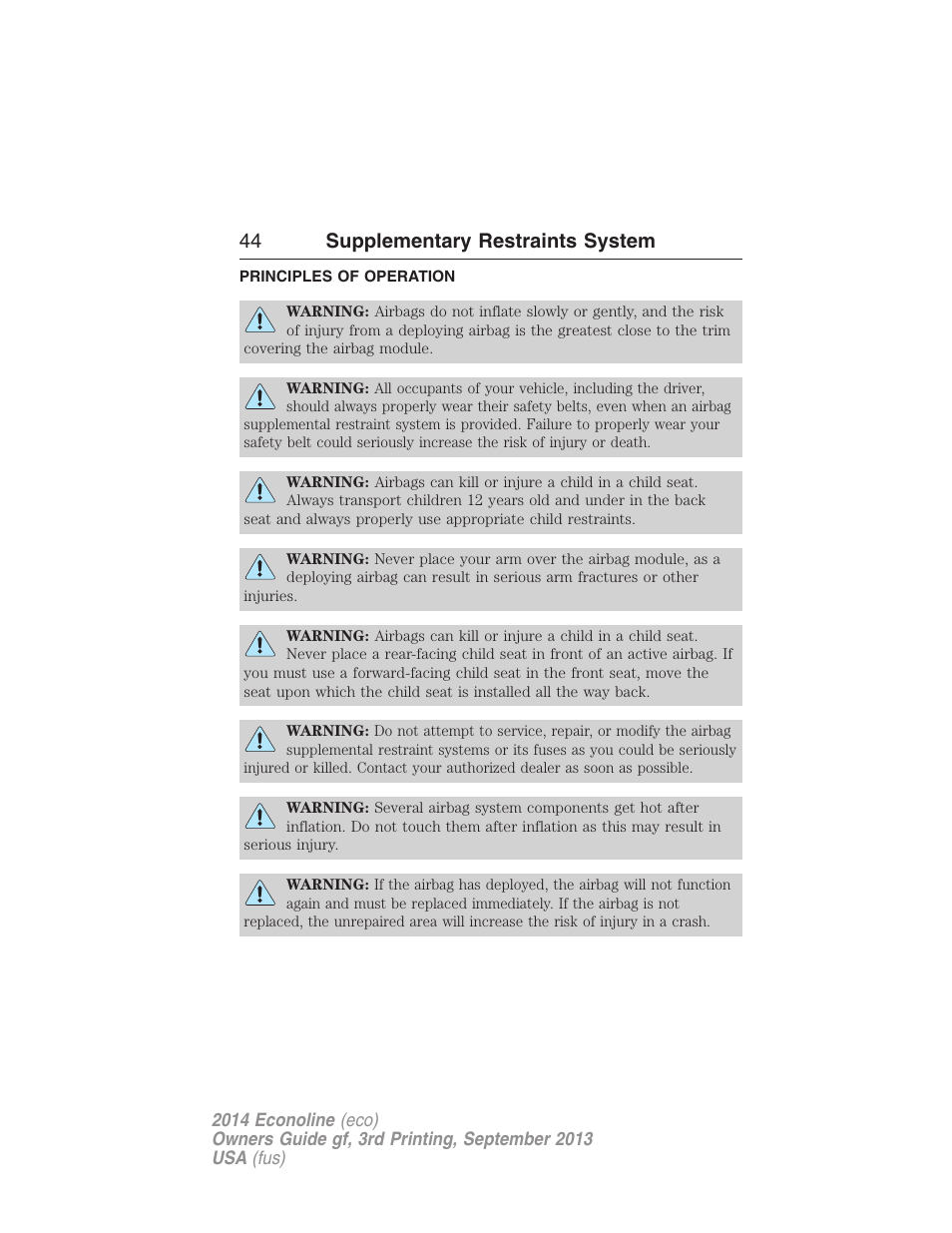 Supplementary restraints system, Principles of operation, 44 supplementary restraints system | FORD 2014 E-450 v.3 User Manual | Page 45 / 455