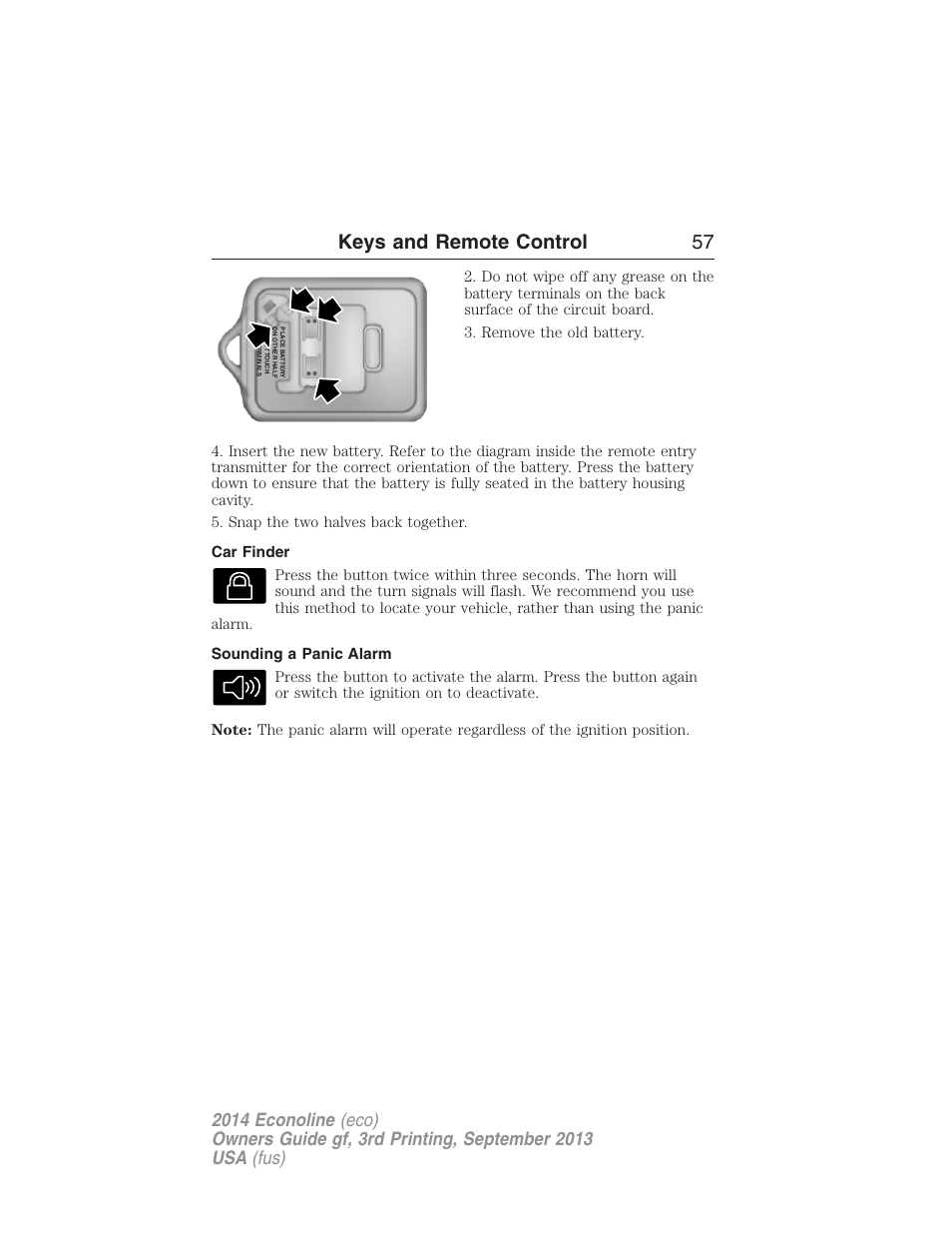 Car finder, Sounding a panic alarm, Keys and remote control 57 | FORD 2014 E-450 v.3 User Manual | Page 58 / 455