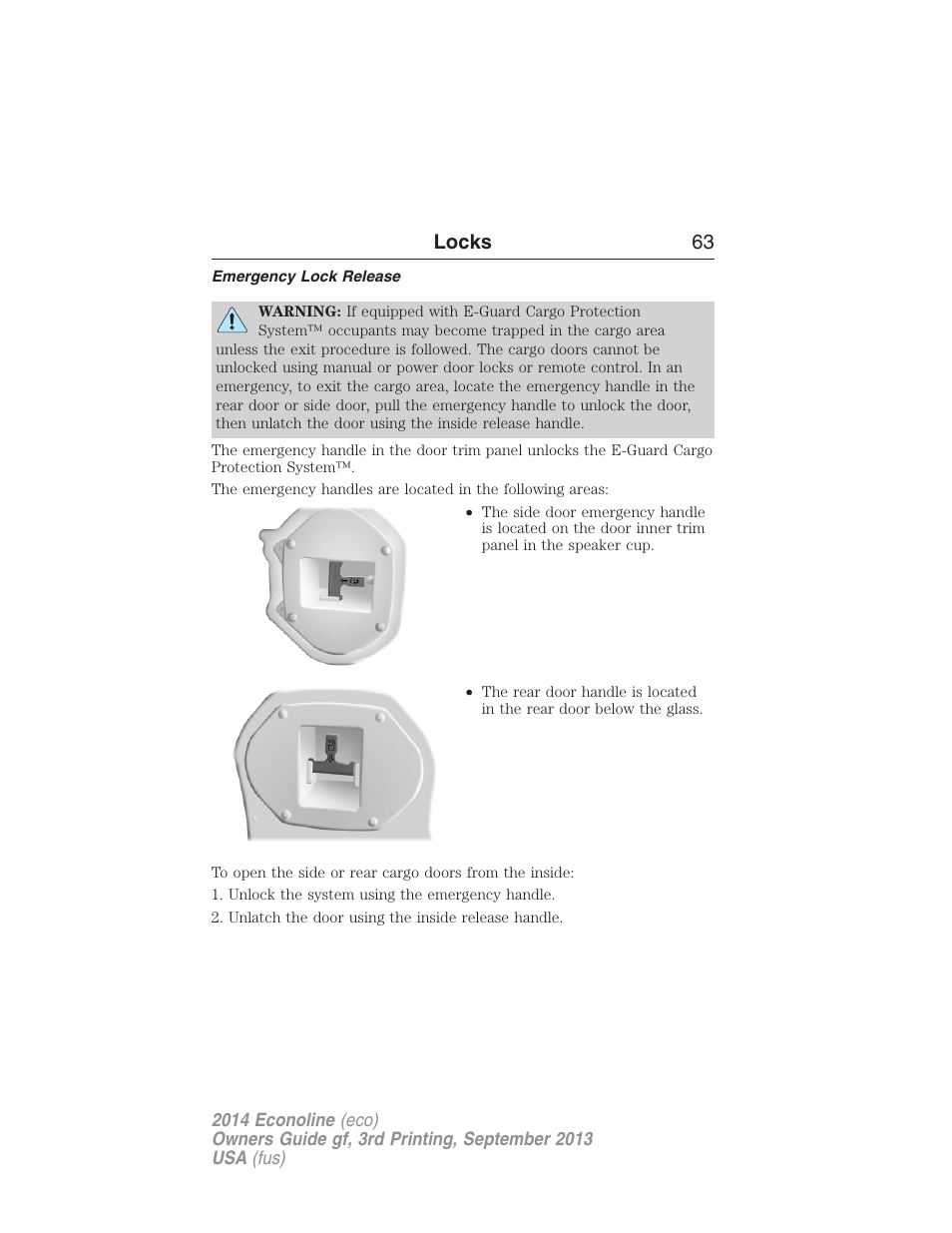 Emergency lock release, Locks 63 | FORD 2014 E-450 v.3 User Manual | Page 64 / 455