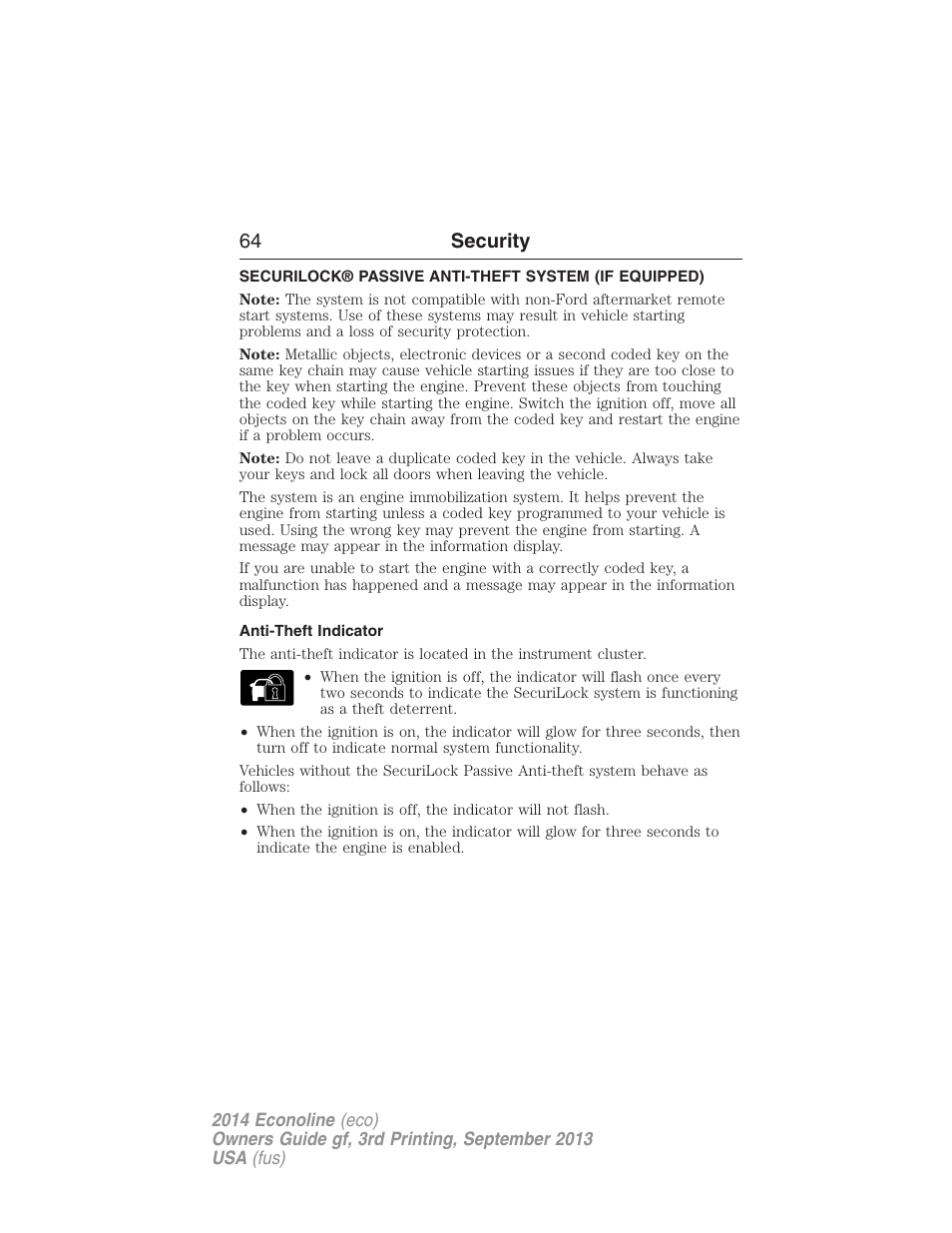 Security, Anti-theft indicator, Securilock® passive anti-theft system | 64 security | FORD 2014 E-450 v.3 User Manual | Page 65 / 455