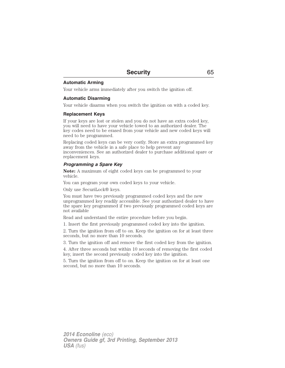 Automatic arming, Automatic disarming, Replacement keys | Programming a spare key, Security 65 | FORD 2014 E-450 v.3 User Manual | Page 66 / 455