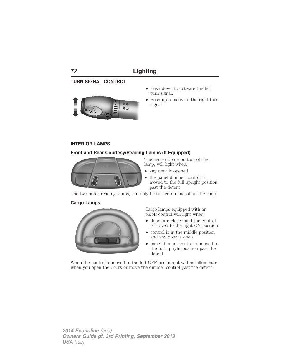 Turn signal control, Interior lamps, Cargo lamps | 72 lighting | FORD 2014 E-450 v.3 User Manual | Page 73 / 455
