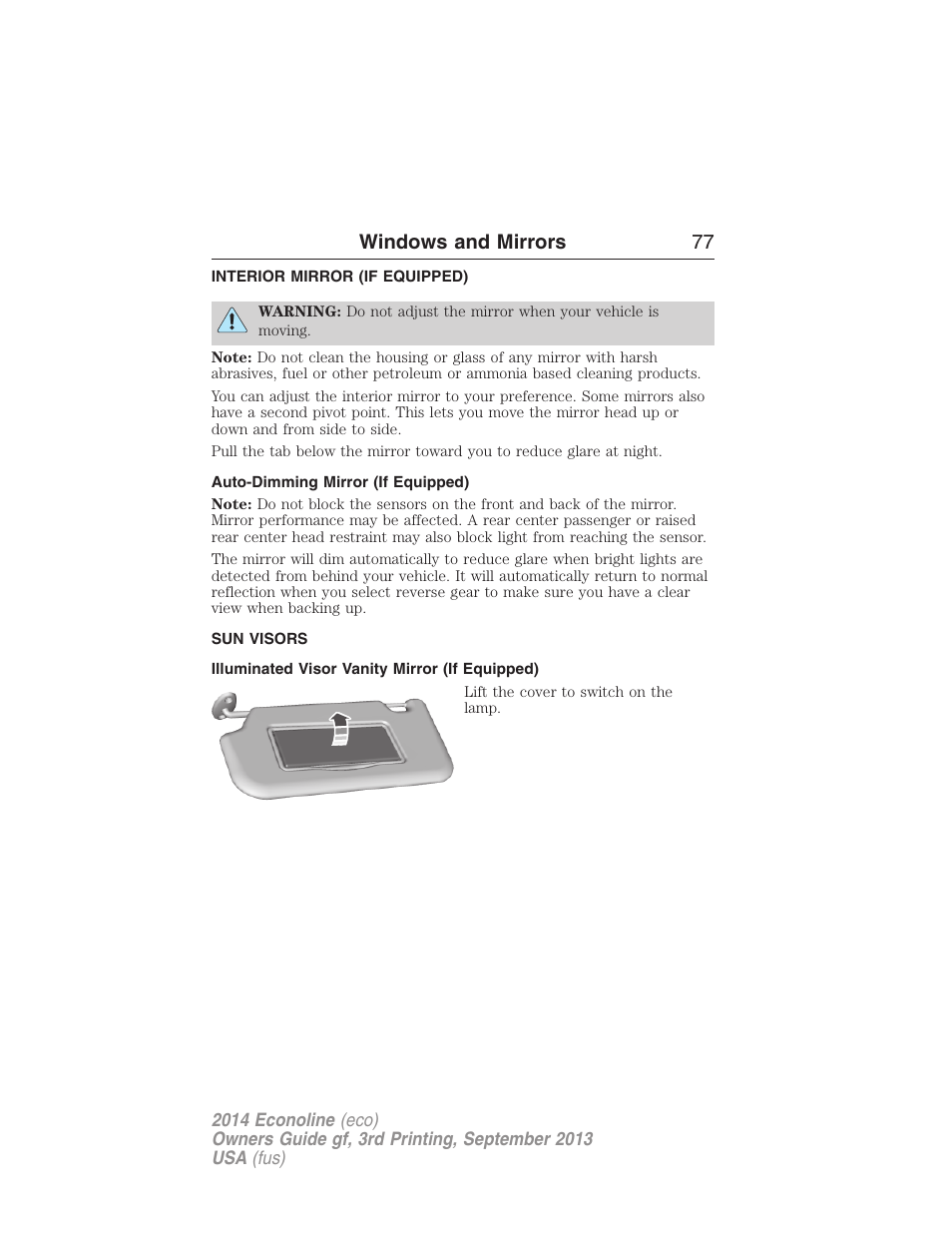 Interior mirror (if equipped), Auto-dimming mirror (if equipped), Sun visors | Illuminated visor vanity mirror (if equipped), Interior mirrors, Windows and mirrors 77 | FORD 2014 E-450 v.3 User Manual | Page 78 / 455