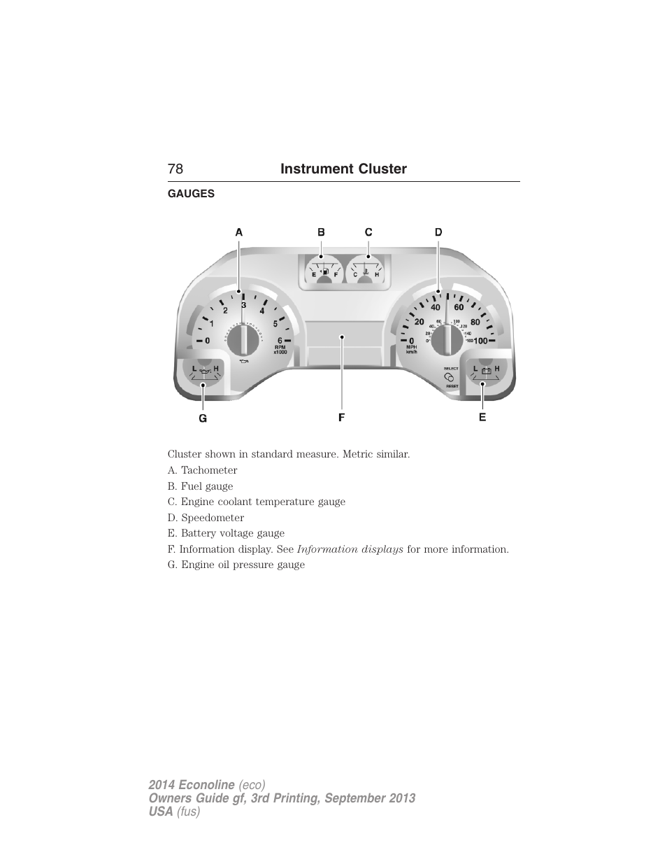 Instrument cluster, Gauges, 78 instrument cluster | FORD 2014 E-450 v.3 User Manual | Page 79 / 455