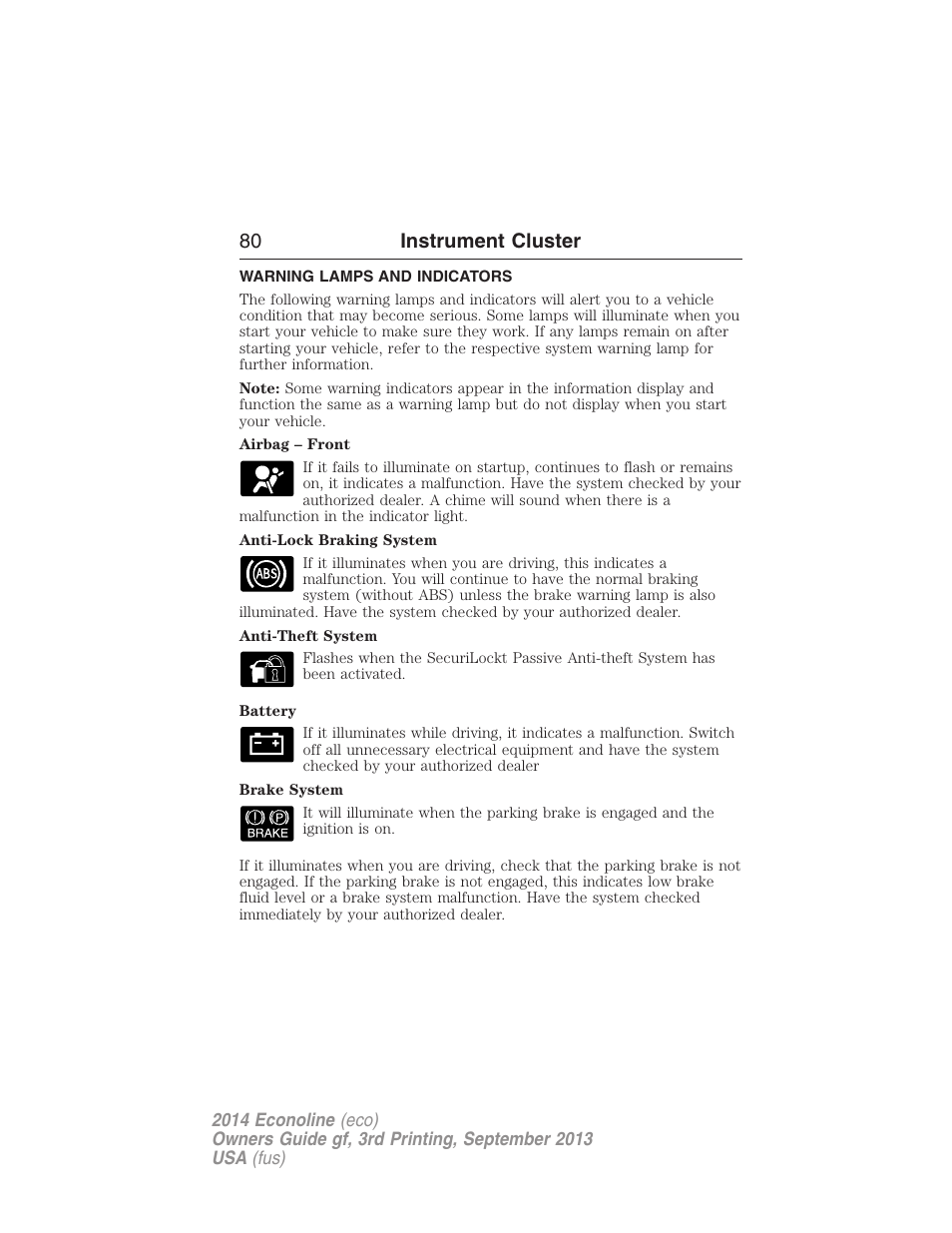 Warning lamps and indicators, 80 instrument cluster | FORD 2014 E-450 v.3 User Manual | Page 81 / 455