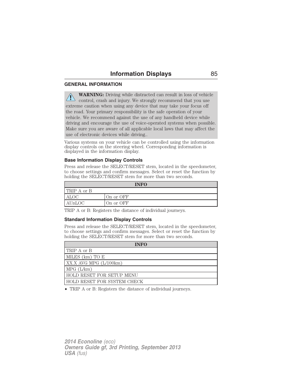 Information displays, General information, Base information display controls | Standard information display controls, Controls, Information displays 85 | FORD 2014 E-450 v.3 User Manual | Page 86 / 455