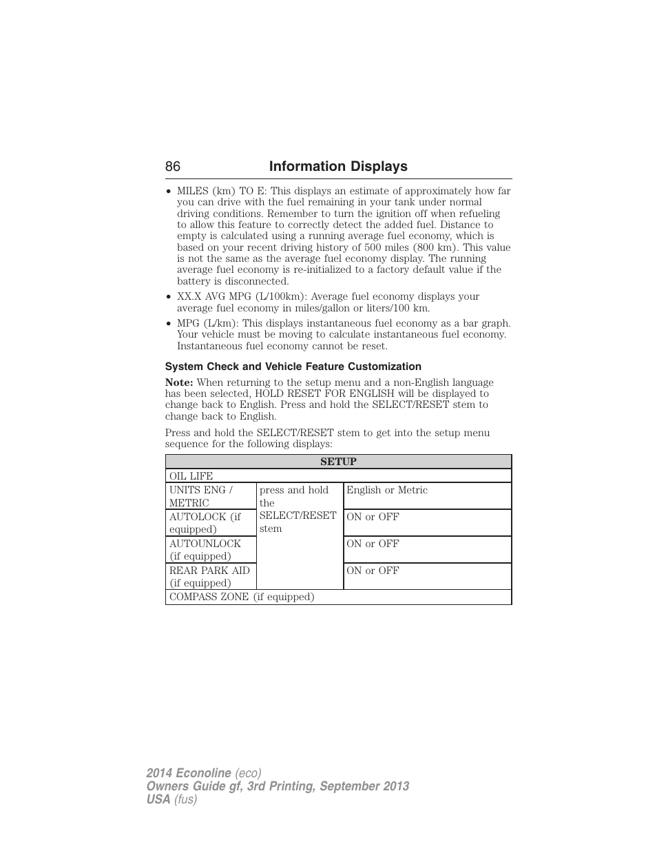 System check and vehicle feature customization, 86 information displays | FORD 2014 E-450 v.3 User Manual | Page 87 / 455