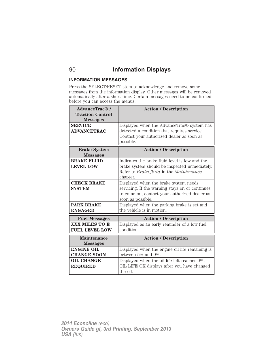 Information messages, 90 information displays | FORD 2014 E-450 v.3 User Manual | Page 91 / 455