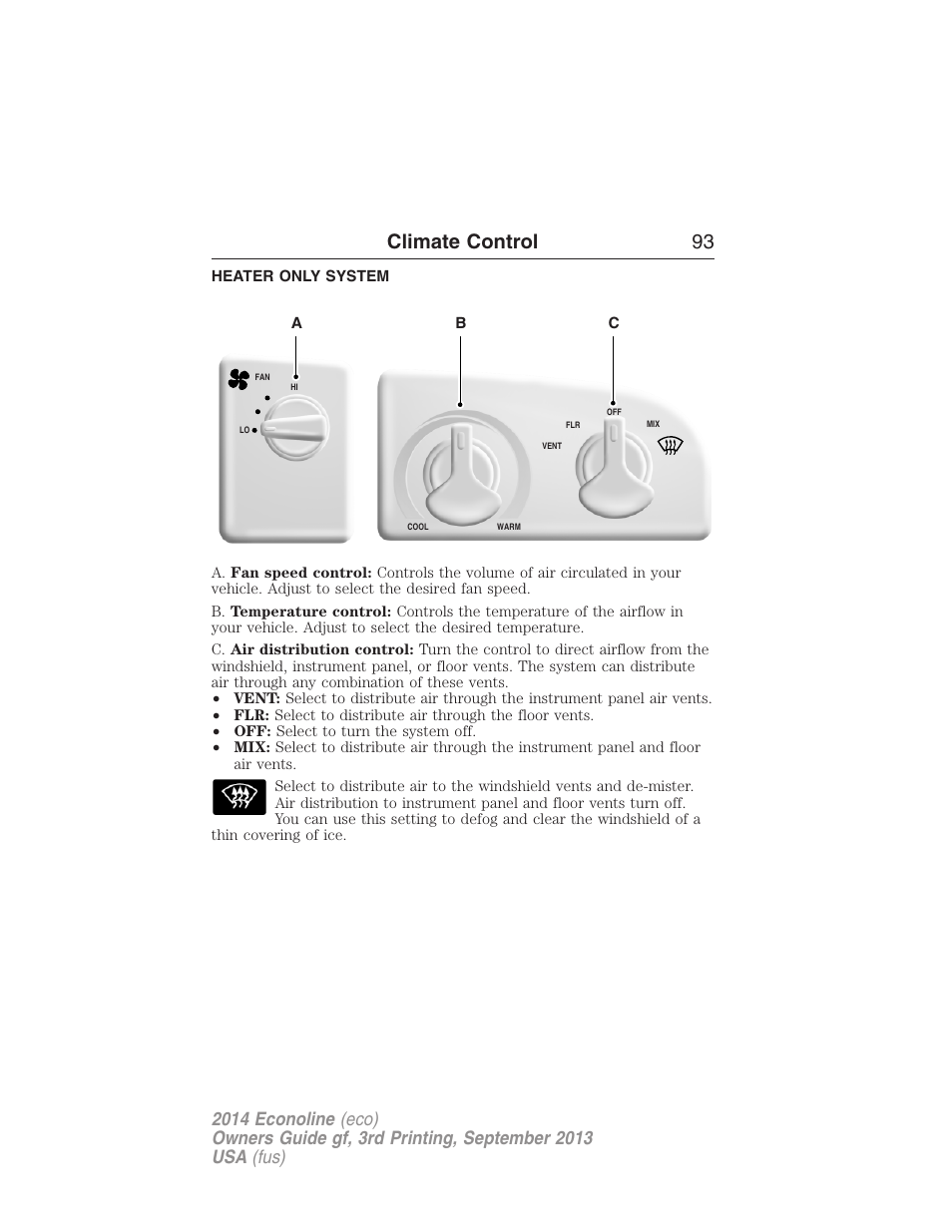 Climate control, Heater only system, Manual heating and air conditioning | Climate control 93 | FORD 2014 E-450 v.3 User Manual | Page 94 / 455