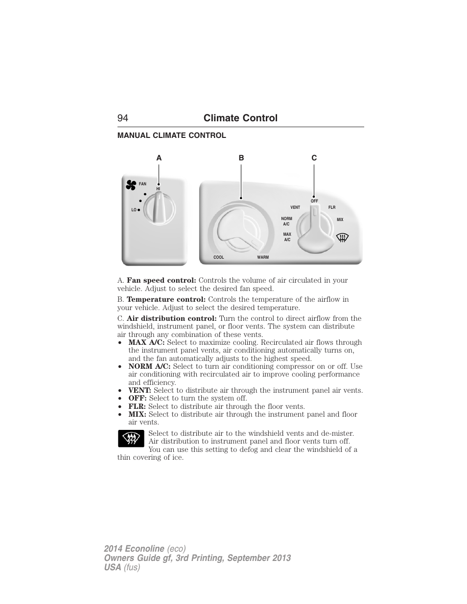 Manual climate control, 94 climate control | FORD 2014 E-450 v.3 User Manual | Page 95 / 455