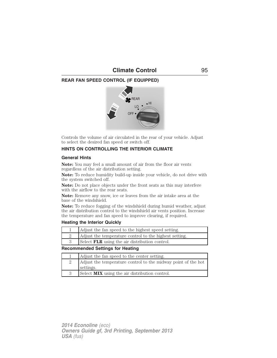 Rear fan speed control (if equipped), Hints on controlling the interior climate, General hints | Heating the interior quickly, Recommended settings for heating, Climate control 95 | FORD 2014 E-450 v.3 User Manual | Page 96 / 455