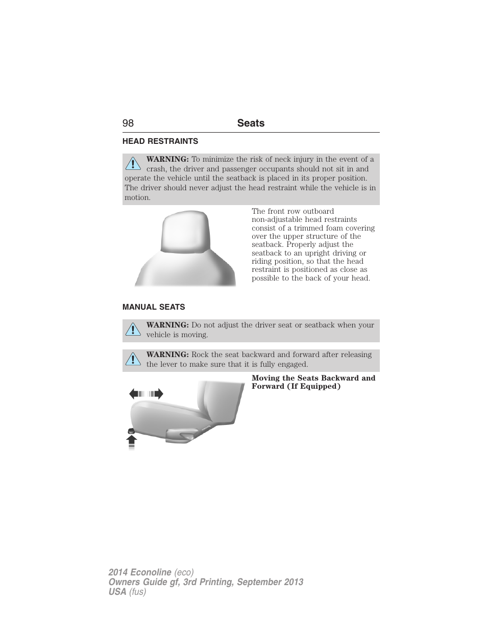 Head restraints, Manual seats, 98 seats | FORD 2014 E-450 v.3 User Manual | Page 99 / 455
