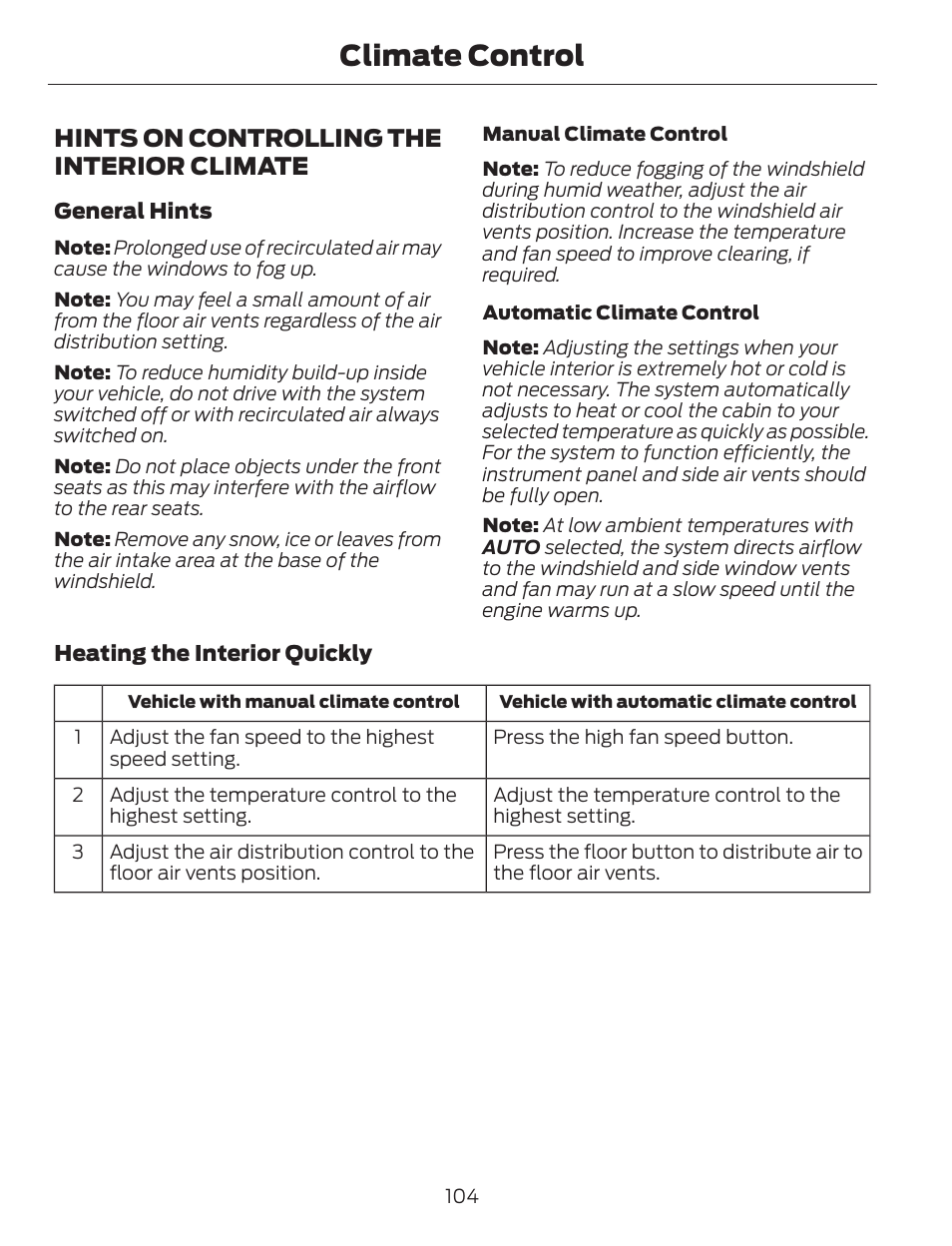 Climate control, Hints on controlling the interior climate | FORD 2014 Escape v.1 User Manual | Page 107 / 428