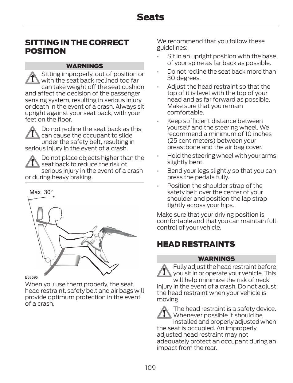 Seats, Sitting in the correct position, Head restraints | FORD 2014 Escape v.1 User Manual | Page 112 / 428