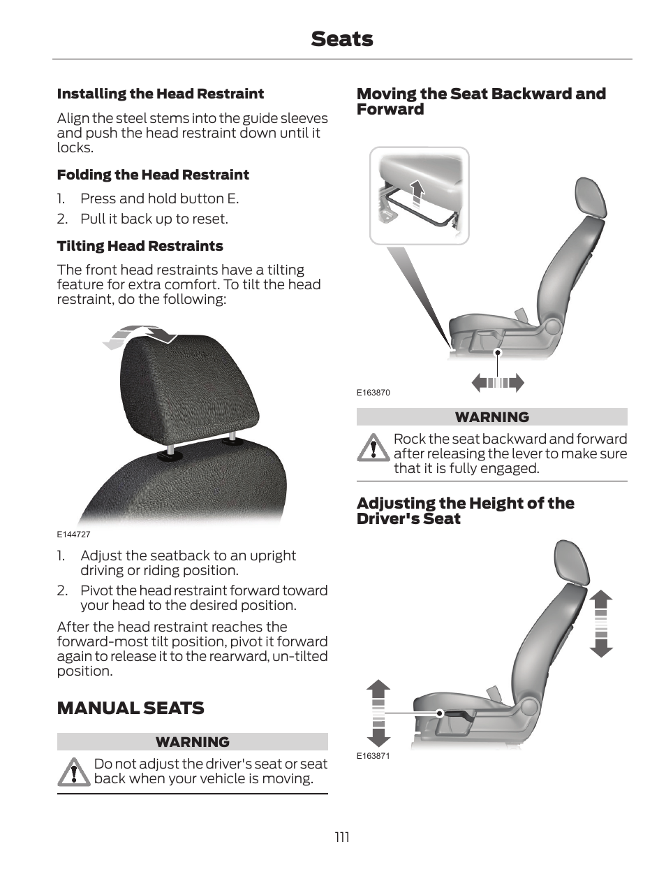 Seats, Manual seats | FORD 2014 Escape v.1 User Manual | Page 114 / 428