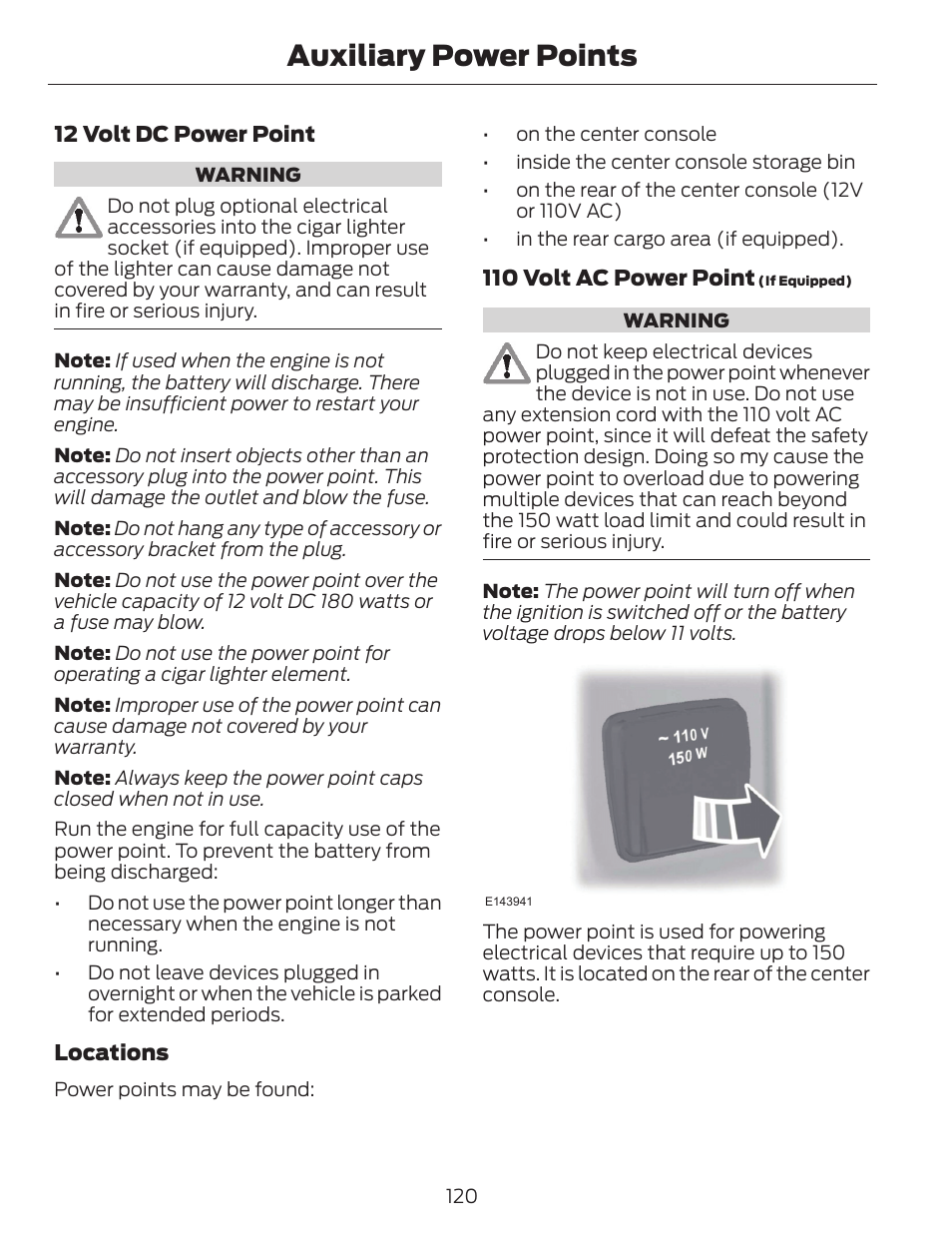 Auxiliary power points | FORD 2014 Escape v.1 User Manual | Page 123 / 428