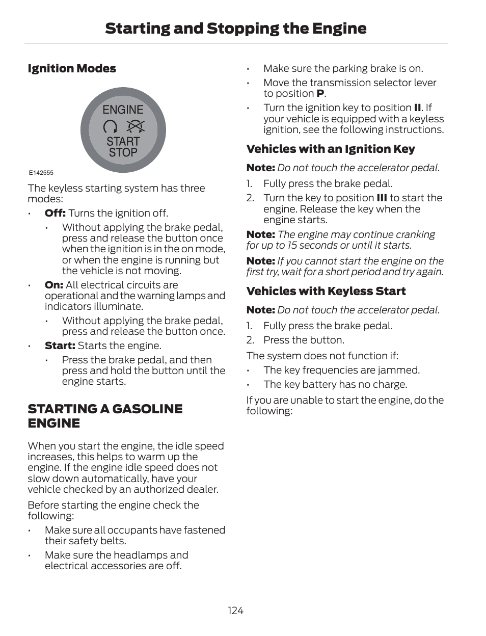 Starting and stopping the engine, Starting a gasoline engine | FORD 2014 Escape v.1 User Manual | Page 127 / 428