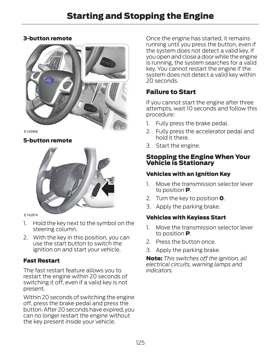 Starting and stopping the engine | FORD 2014 Escape v.1 User Manual | Page 128 / 428