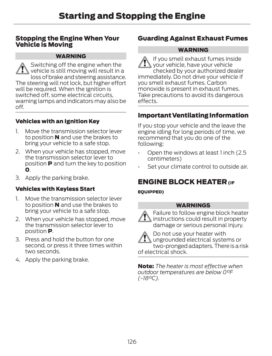 Starting and stopping the engine, Engine block heater | FORD 2014 Escape v.1 User Manual | Page 129 / 428