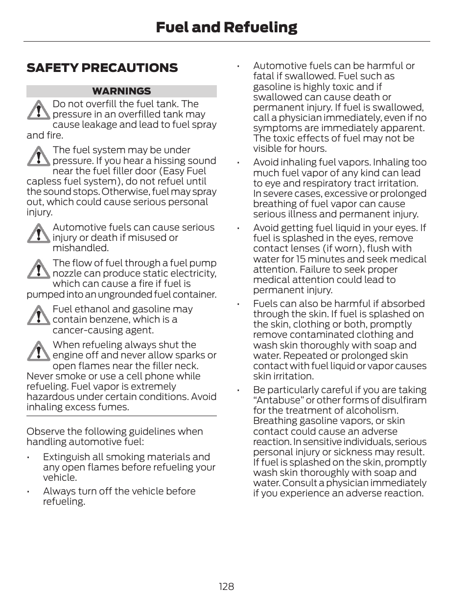 Fuel and refueling, Safety precautions | FORD 2014 Escape v.1 User Manual | Page 131 / 428
