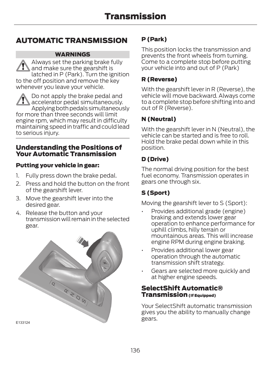 Transmission, Automatic transmission | FORD 2014 Escape v.1 User Manual | Page 139 / 428