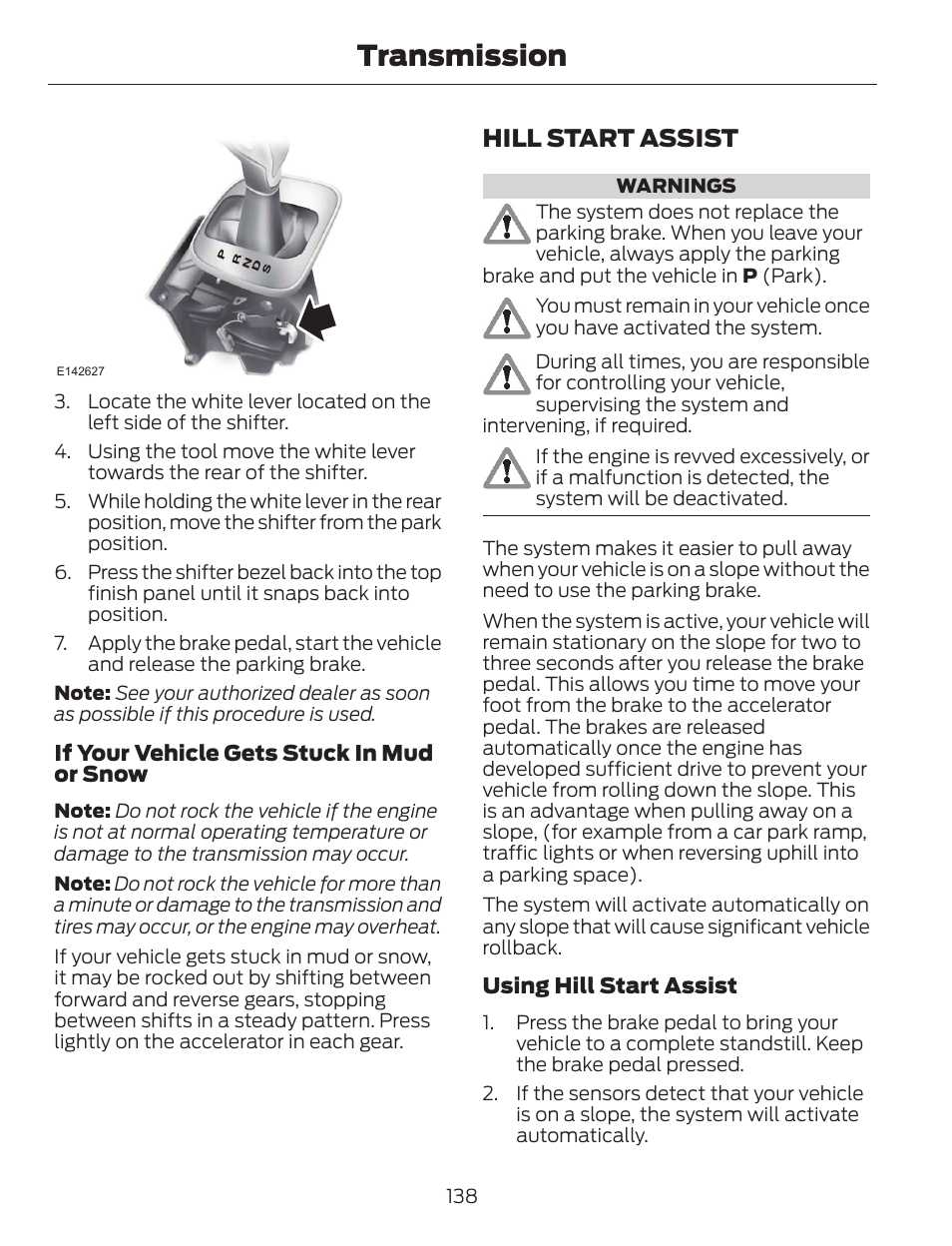 Transmission, Hill start assist | FORD 2014 Escape v.1 User Manual | Page 141 / 428