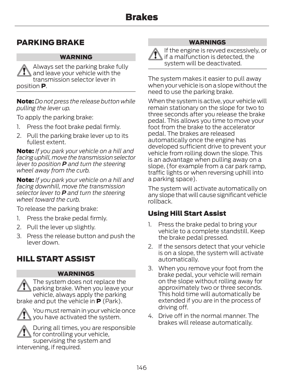 Brakes, Parking brake, Hill start assist | FORD 2014 Escape v.1 User Manual | Page 149 / 428