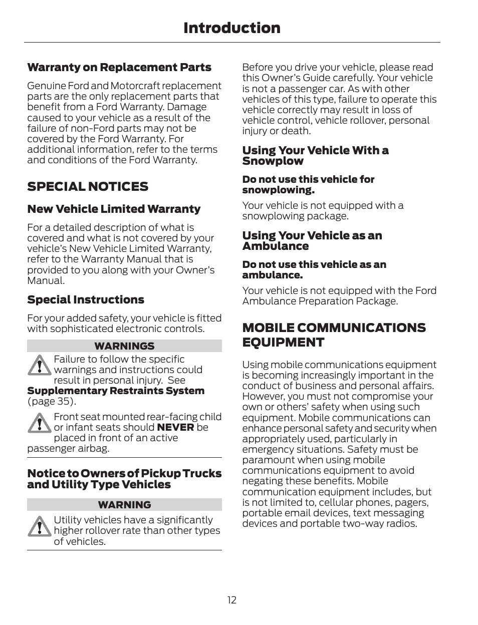 Introduction, Special notices, Mobile communications equipment | FORD 2014 Escape v.1 User Manual | Page 15 / 428