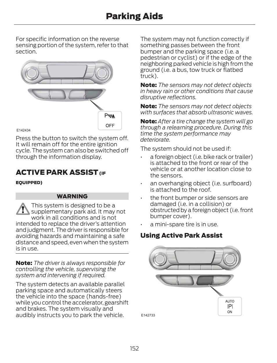 Parking aids, Active park assist | FORD 2014 Escape v.1 User Manual | Page 155 / 428